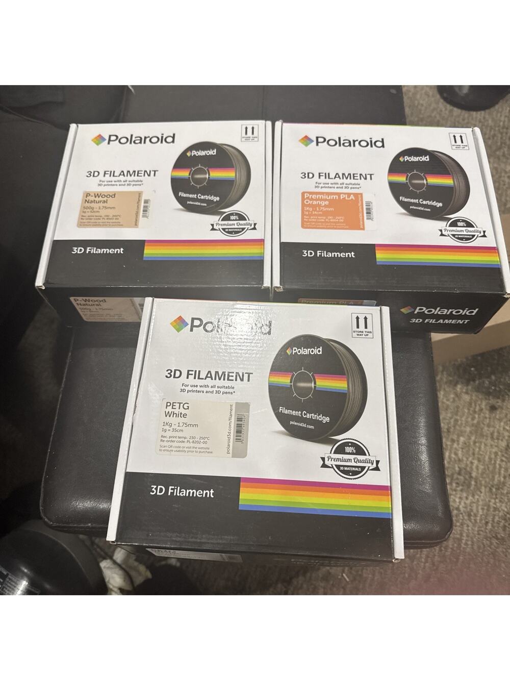 Lot 3 Polaroid 3D Printer Filament 1.75mm 1kg - Orange Premium, Wood, White